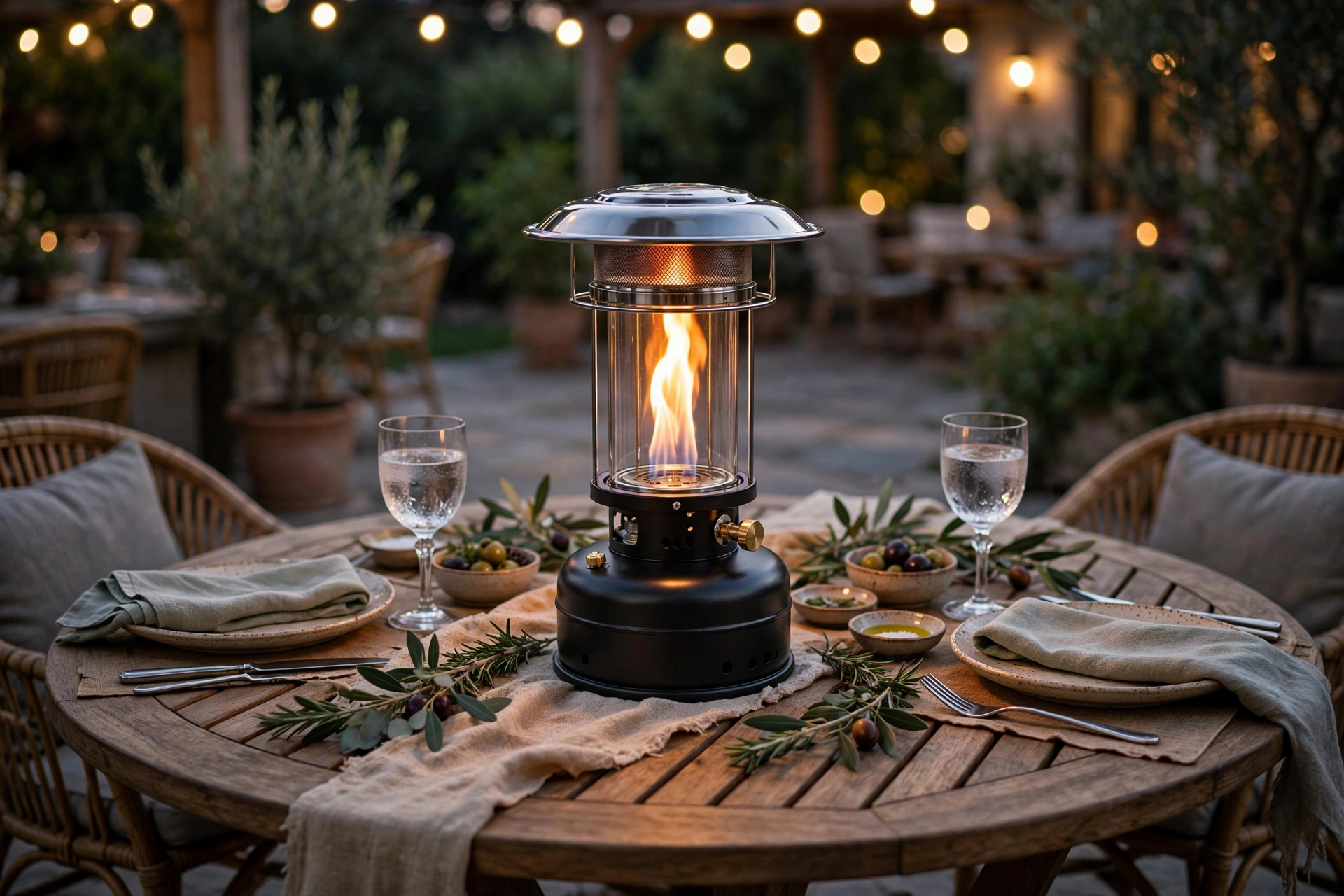 Small tabletop propane patio heater centered on an outdoor dining table