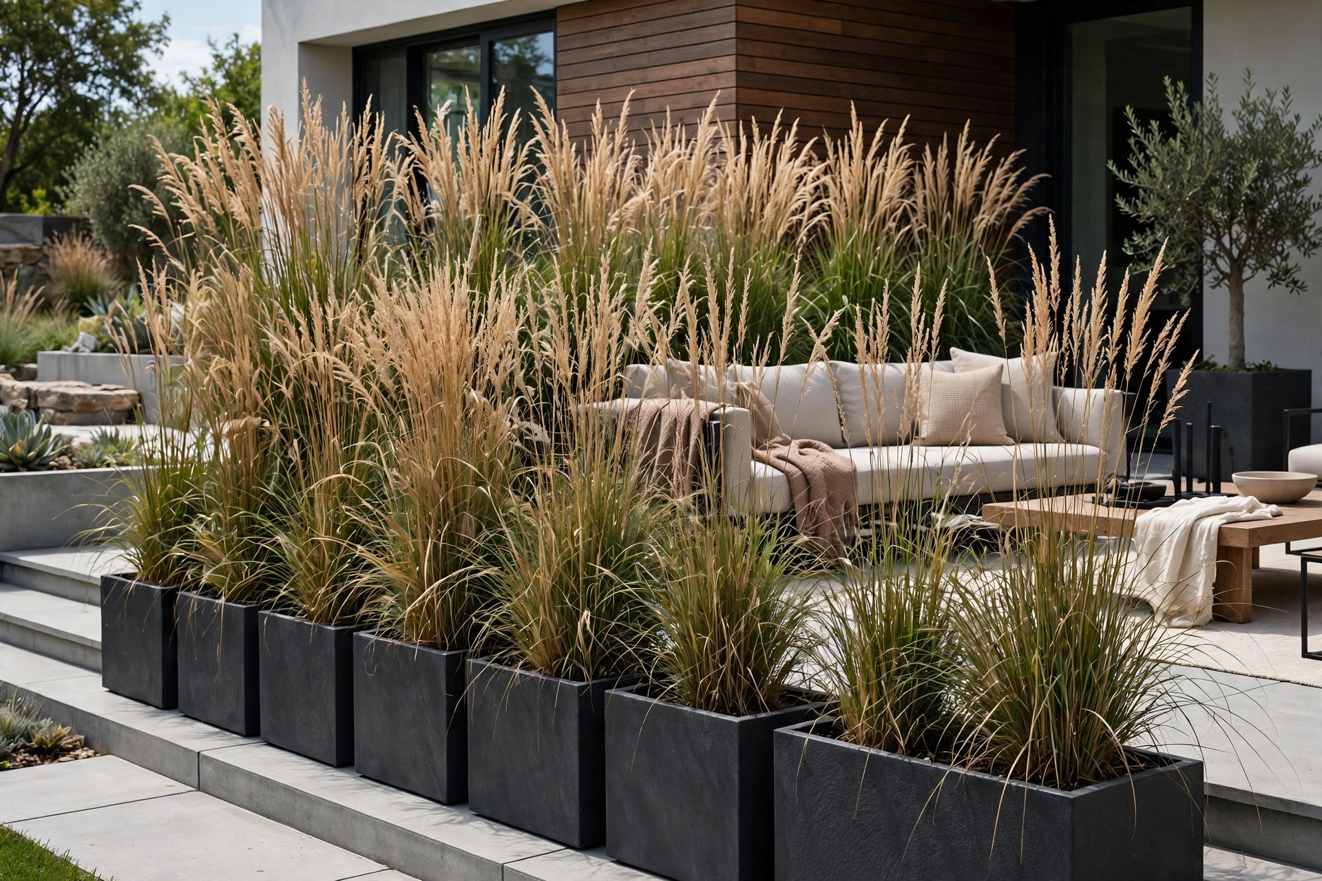 Patio privacy ideas with plants: tall container planters with ornamental grasses screening a patio