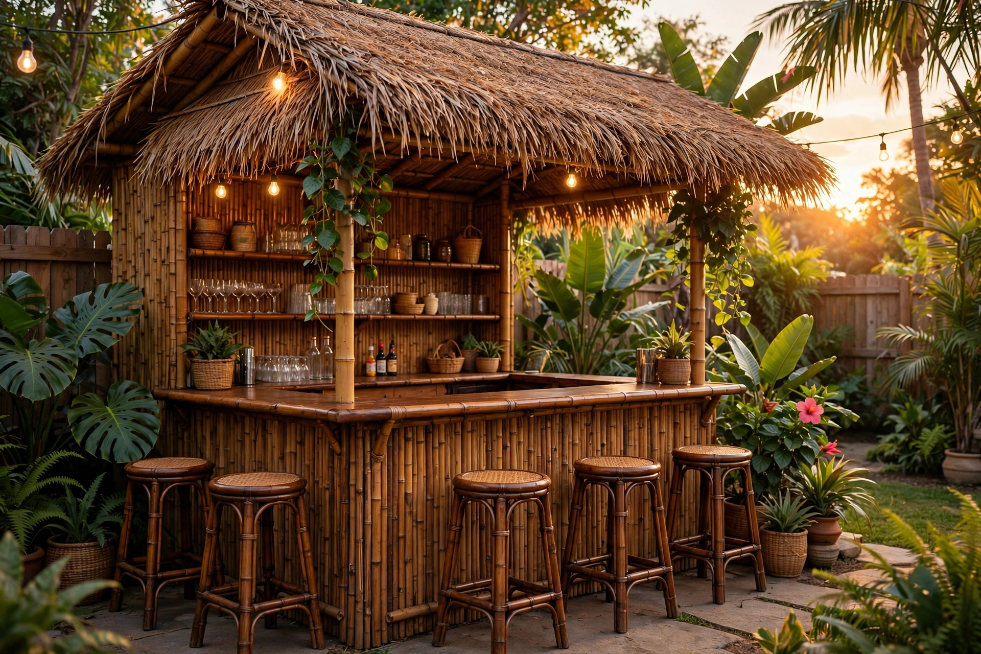 Outdoor patio bar ideas: tiki bar with bamboo cladding and thatched roof