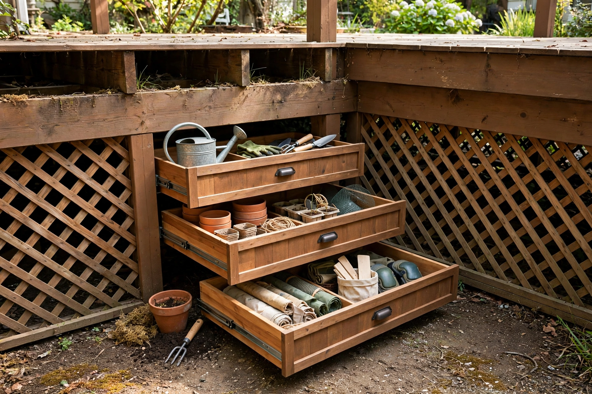 Pull-out storage drawers built into the enclosed space beneath a wooden deck