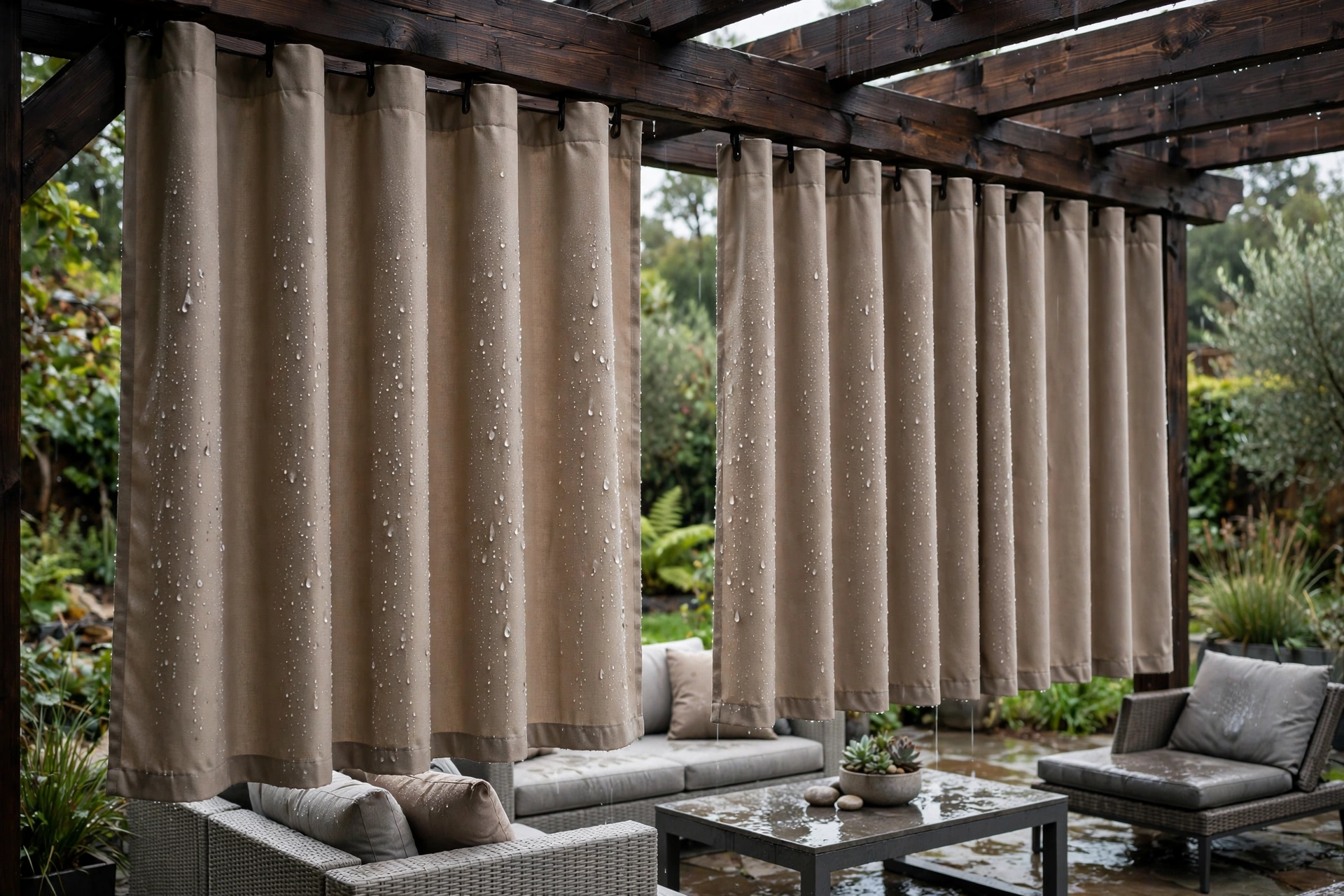 Waterproof canvas outdoor patio curtains in taupe hanging from a pergola beam