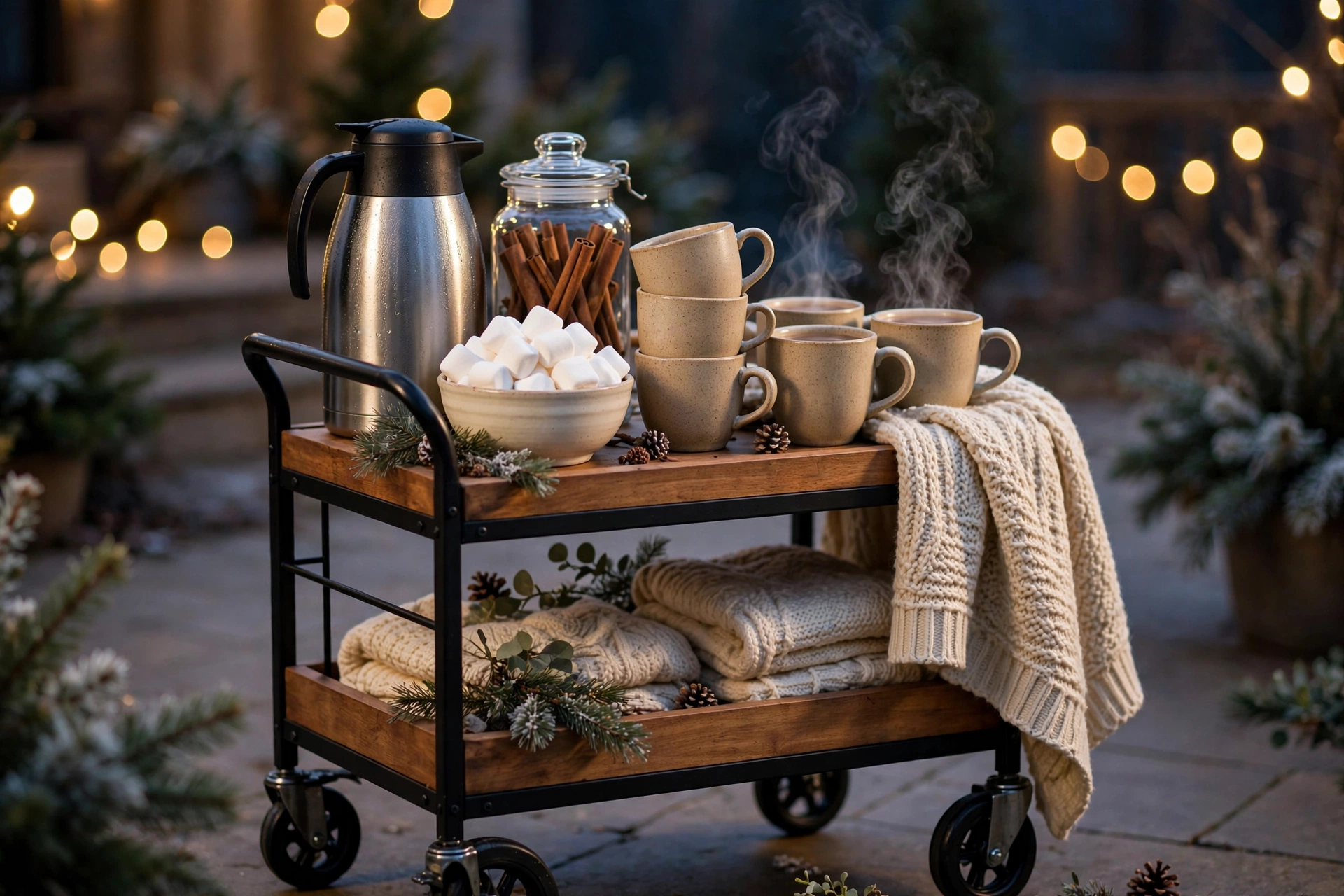 Hot beverage station on a rolling cart with cocoa, mugs, and marshmallows