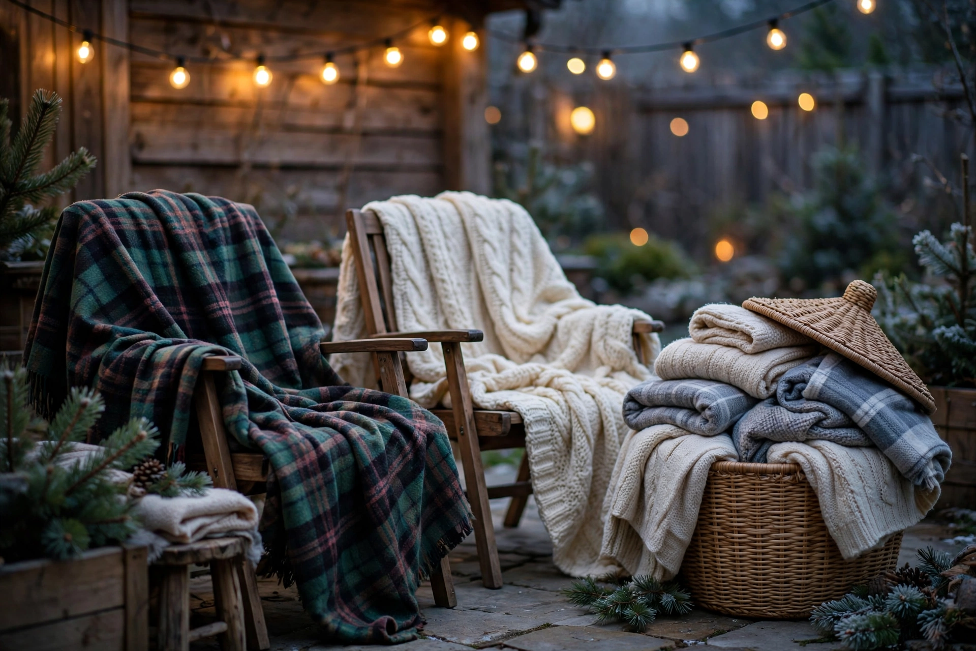 Patio chairs draped with thick throws and a woven basket of blankets