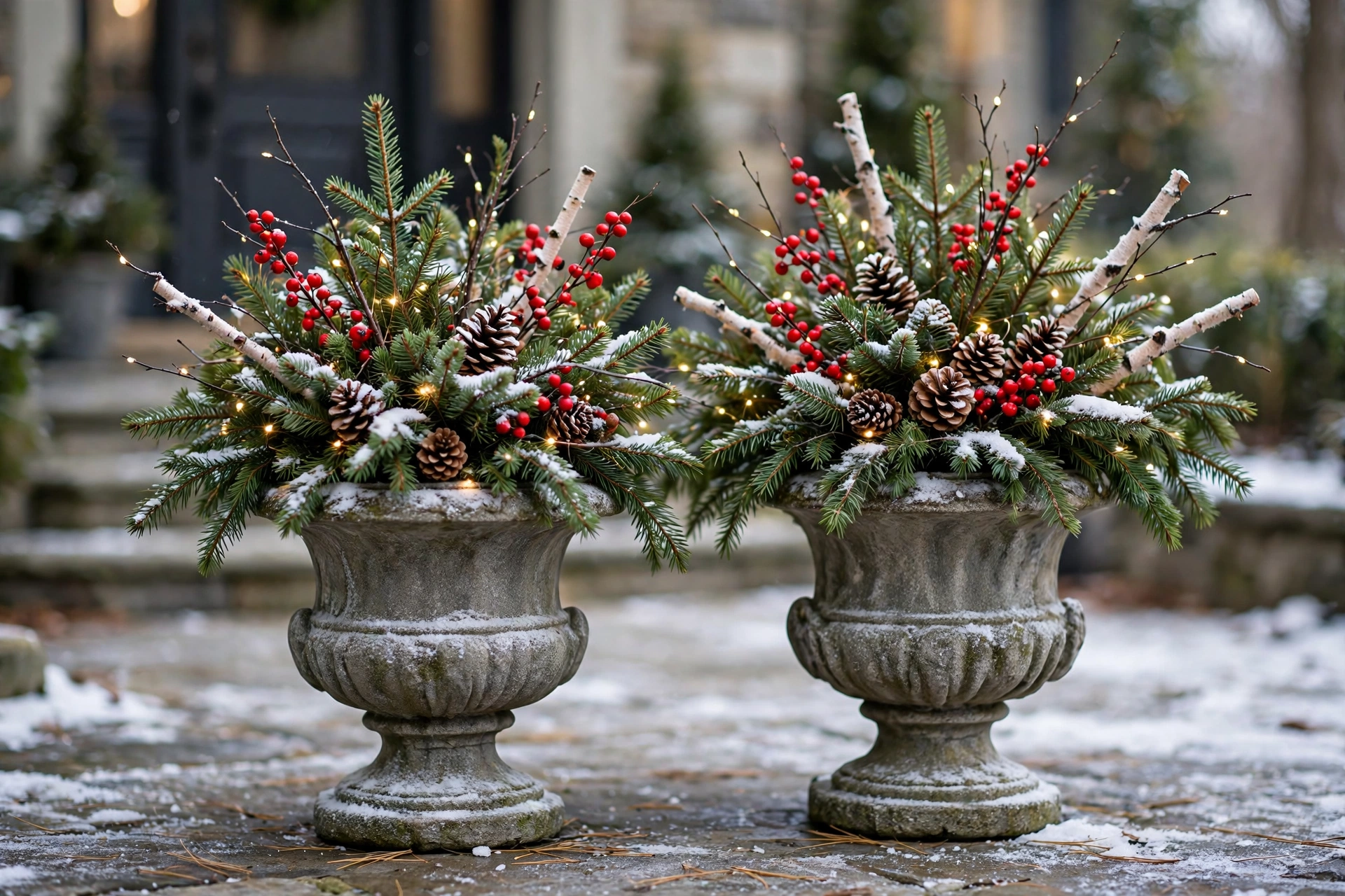Pair of stone urns with evergreen arrangements, red berries, and fairy lights