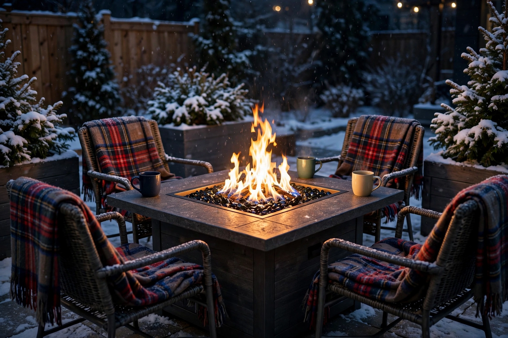 Propane fire pit table with flames surrounded by chairs with plaid throws at night