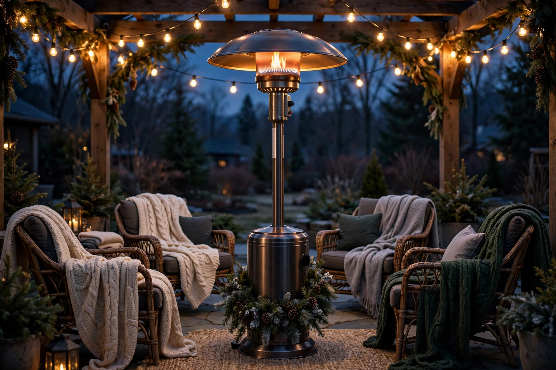 Propane patio heater glowing as the centerpiece of a winter patio lounge - winter patio decor ideas