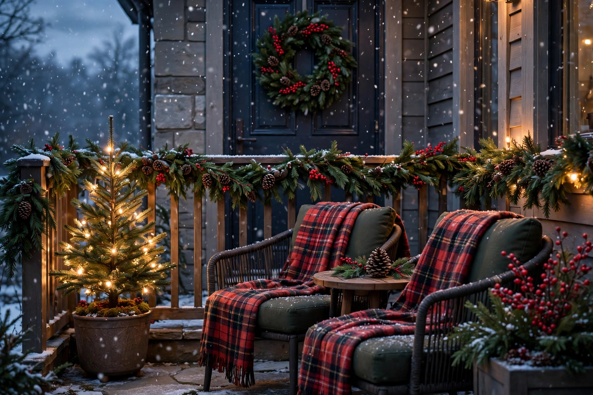 Winter patio decorated for Christmas with tree, garland, and wreath - winter patio decor ideas