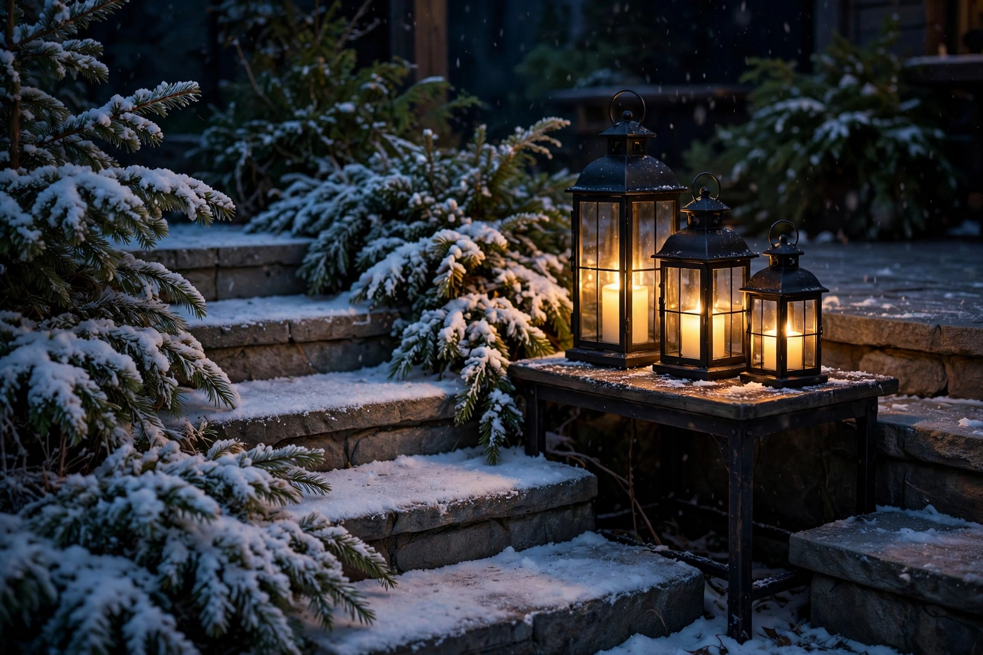Cluster of black metal lanterns glowing with LED candles on winter patio steps