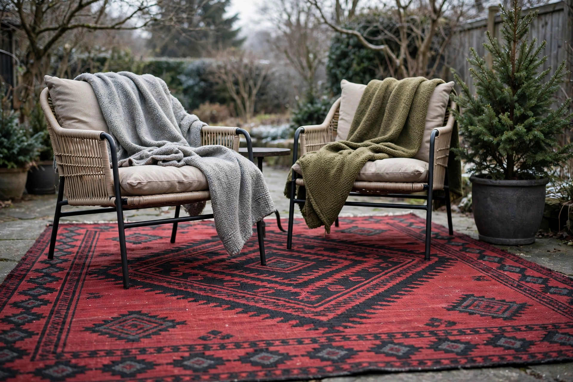 Deep red patterned outdoor rug under a winter patio seating arrangement