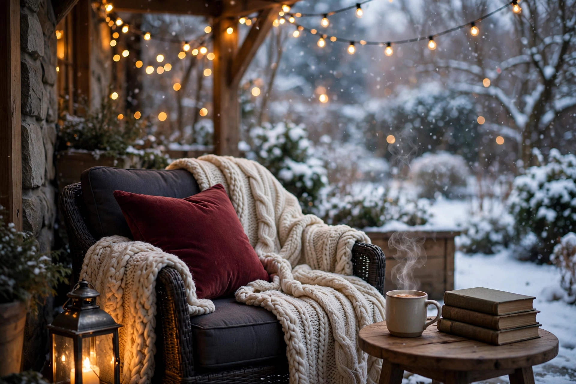 Cozy winter reading nook with armchair, throw blanket, books, and lantern