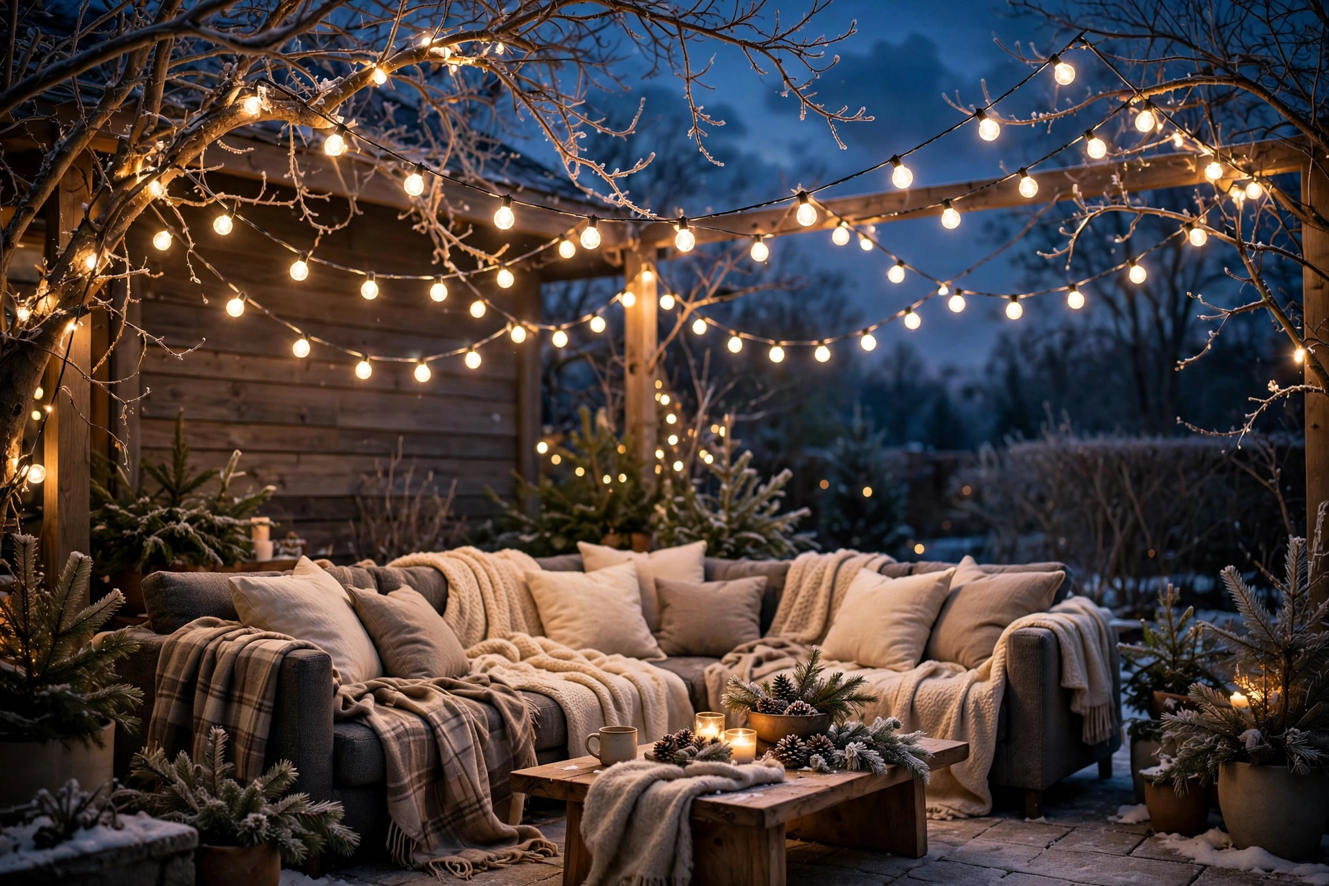 Canopy of warm white globe string lights over a winter patio at dusk - winter patio decor ideas
