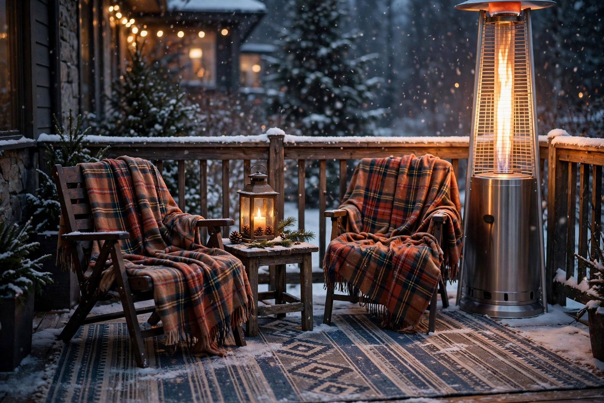 Cozy winter patio seating: patio heater ideas with blankets and rugs
