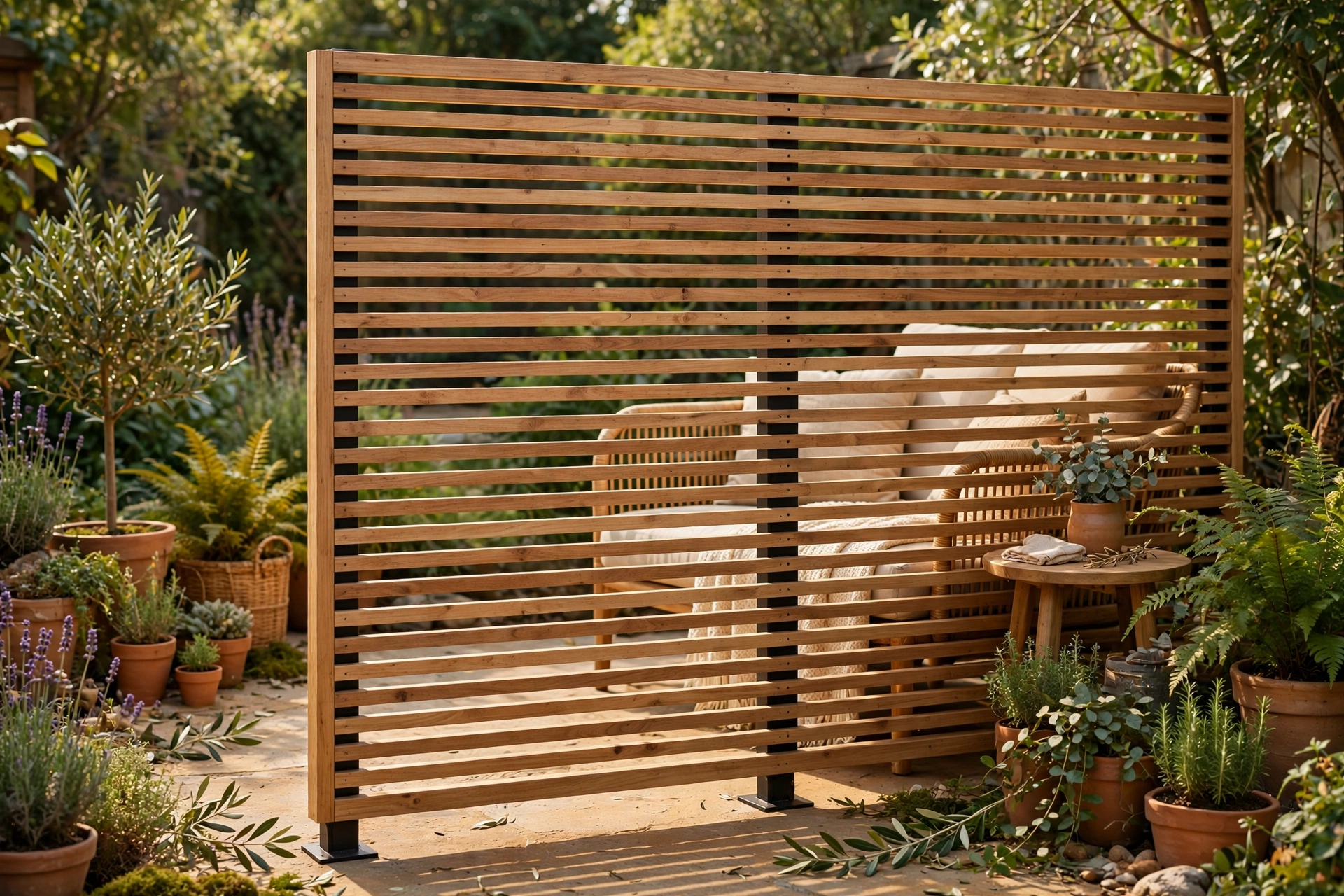 Patio privacy ideas with a wood slat screen shielding a cozy patio seating area from neighbors