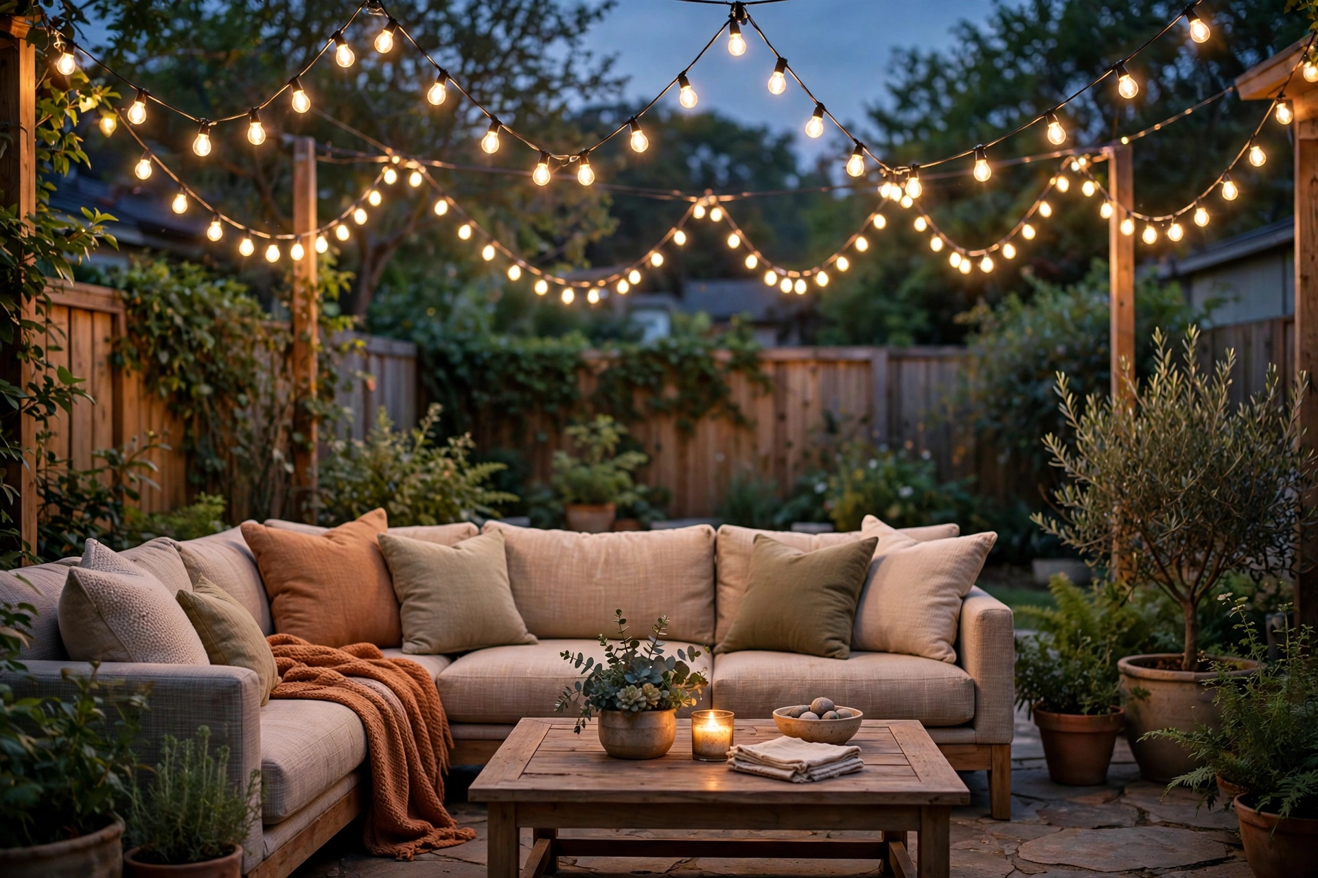 two planter poles on a small balcony with string lights strung between them, potted plants at the base, golden hour